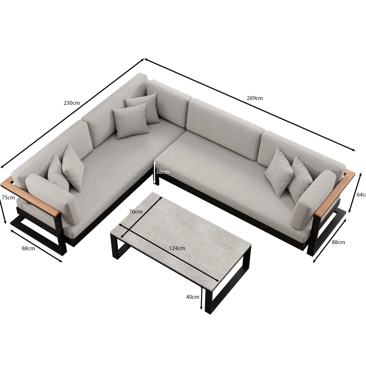 Vayla II – L-Form Outdoor Sofa & Tisch in schwarzem Aluminium | Aevora™ Kollektion
