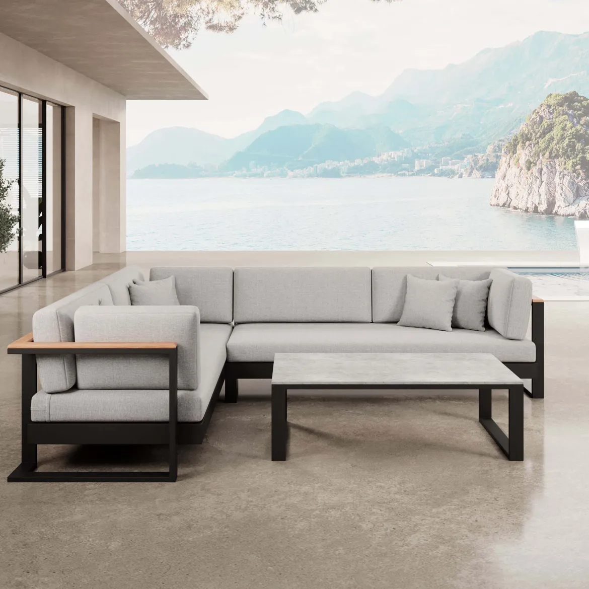 Vayla II – L-Form Outdoor Sofa & Tisch in schwarzem Aluminium | Aevora™ Kollektion