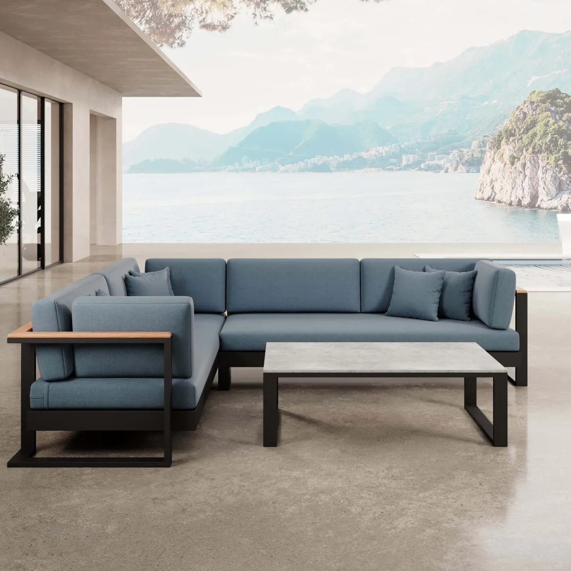 Vayla II – L-Form Outdoor Sofa & Tisch in schwarzem Aluminium | Aevora™ Kollektion