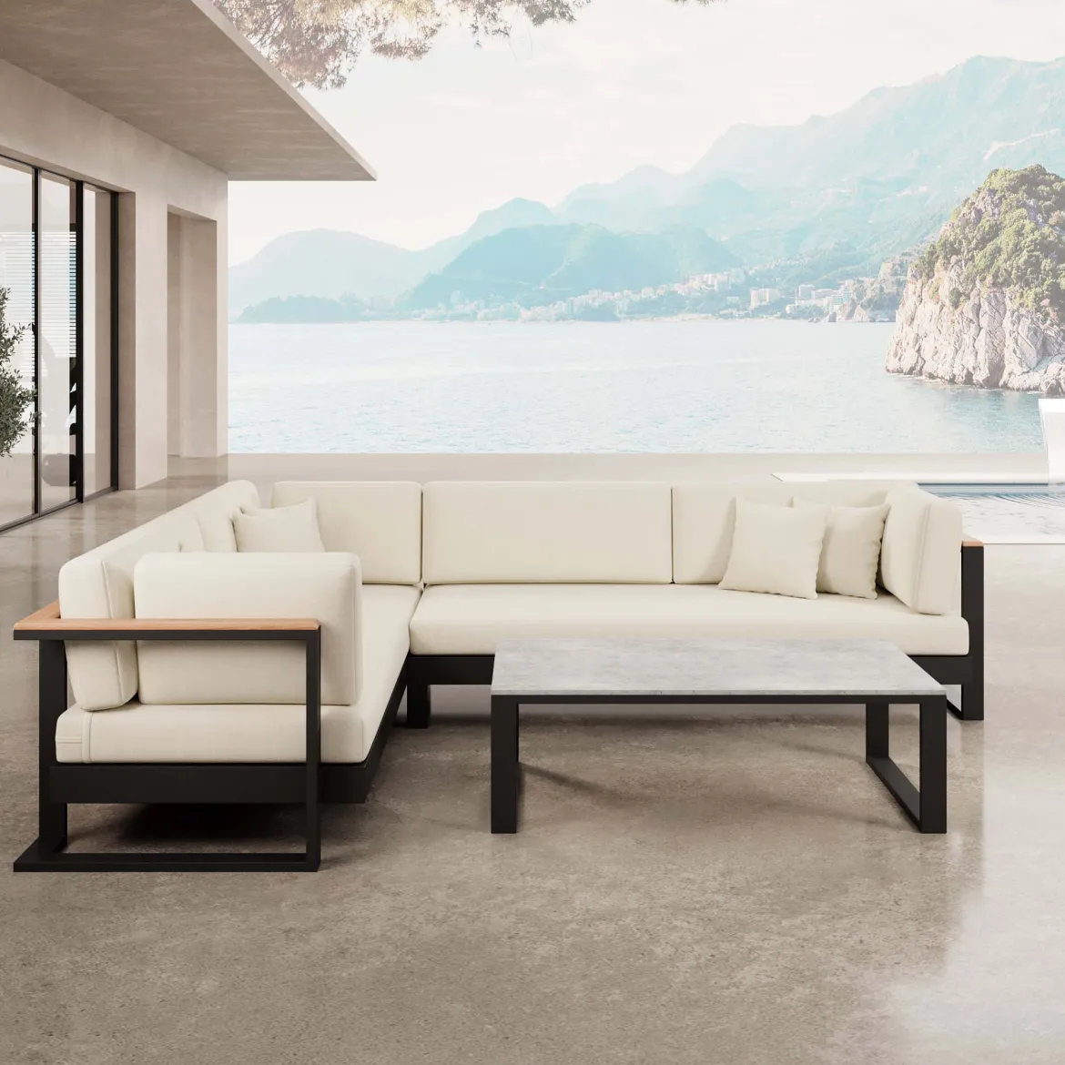 Vayla II – L-Form Outdoor Sofa & Tisch in schwarzem Aluminium | Aevora™ Kollektion