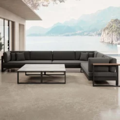 Vayla IV – Wohnlandschaft mit Doppeltisch & Ecksofa aus schwarzem Aluminium | Aevora™ Kollektion