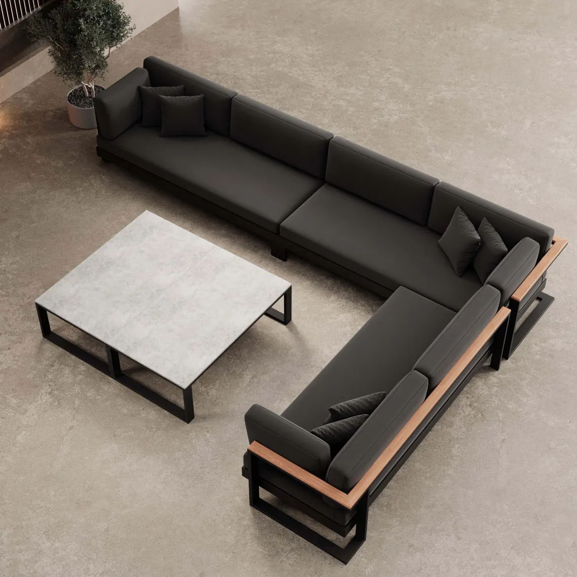 Vayla IV – Wohnlandschaft mit Doppeltisch & Ecksofa aus schwarzem Aluminium | Aevora™ Kollektion