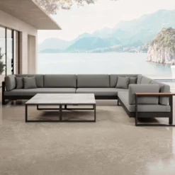 Vayla IV – Wohnlandschaft mit Doppeltisch & Ecksofa aus schwarzem Aluminium | Aevora™ Kollektion