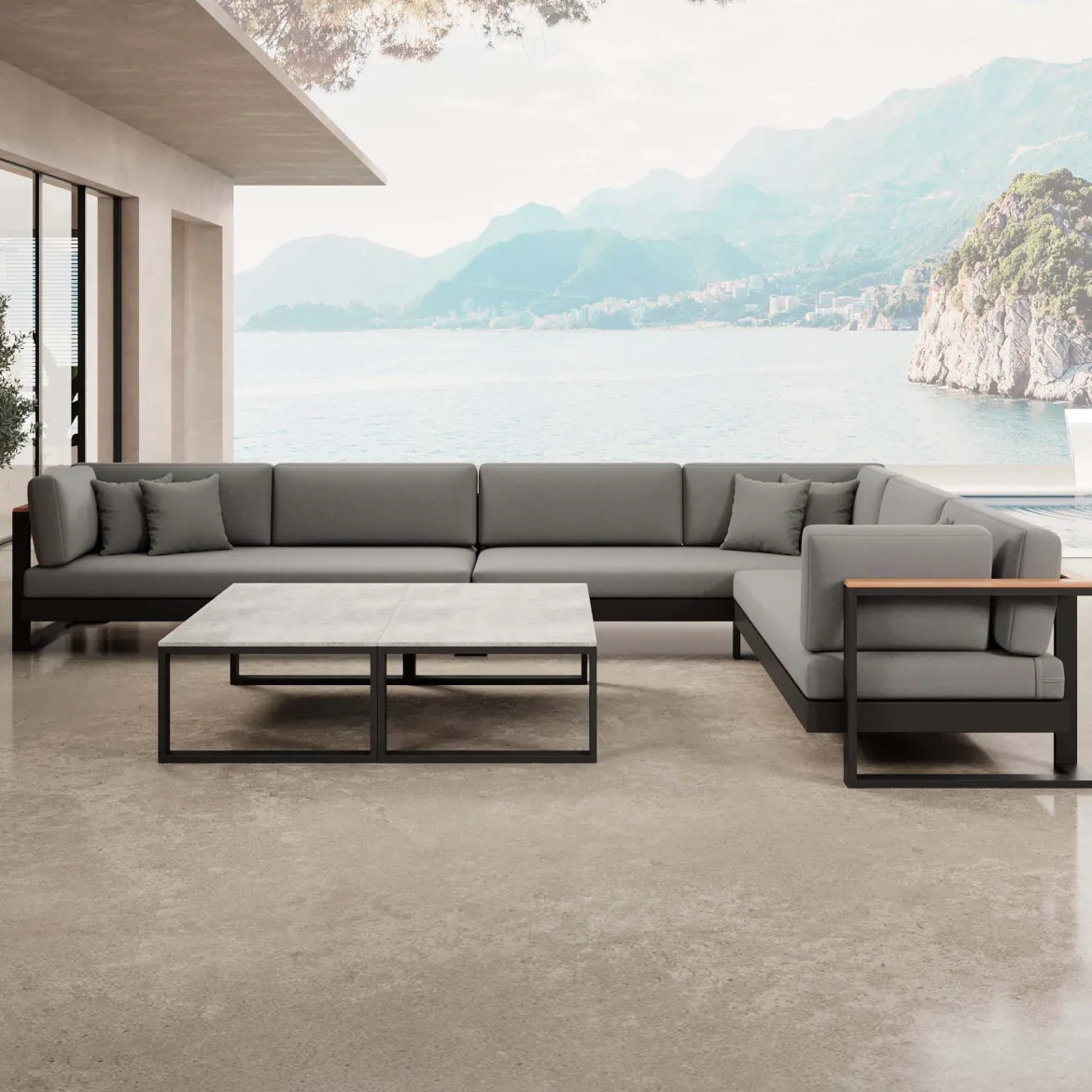 Vayla IV – Wohnlandschaft mit Doppeltisch & Ecksofa aus schwarzem Aluminium | Aevora™ Kollektion