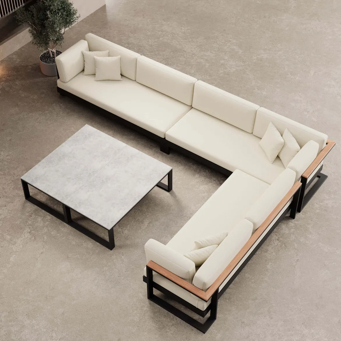 Vayla IV – Wohnlandschaft mit Doppeltisch & Ecksofa aus schwarzem Aluminium | Aevora™ Kollektion