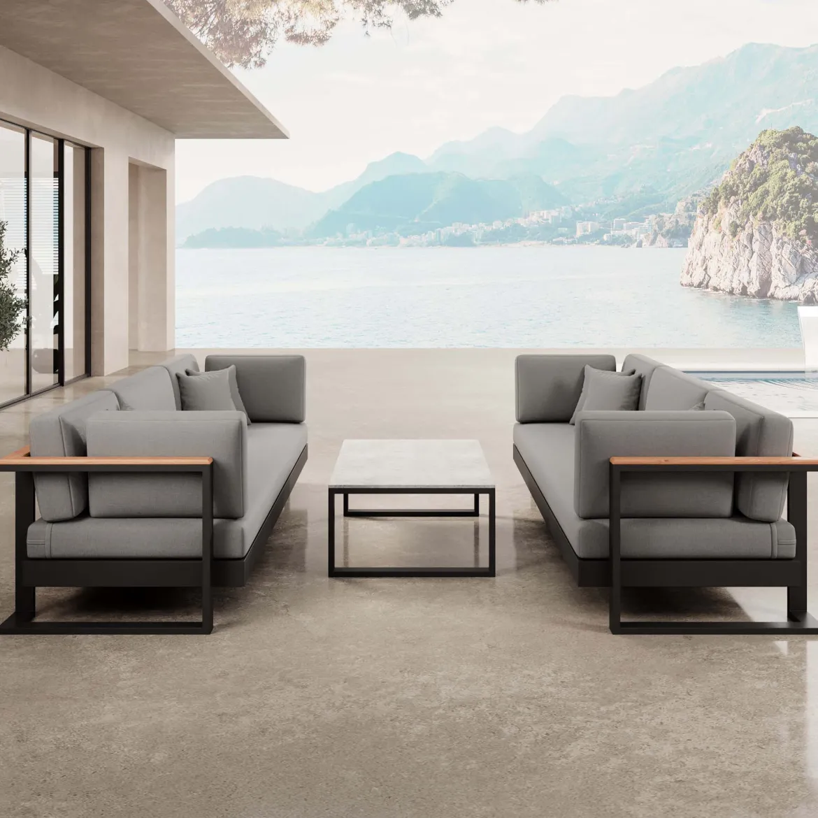 Vayla VI – 2 Dreisitzer & Tisch aus schwarzem Aluminium | Aevora™ Kollektion