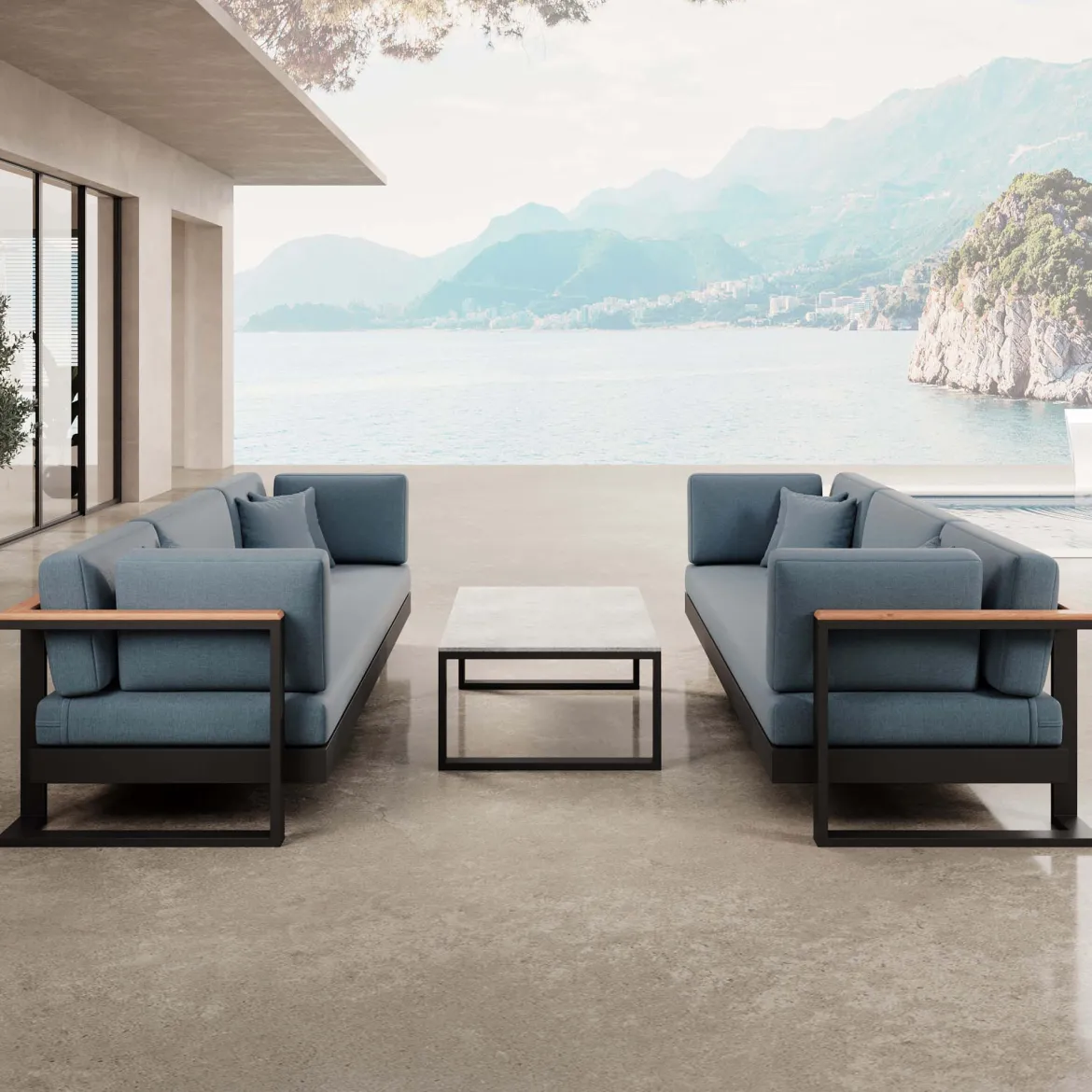 Vayla VI – 2 Dreisitzer & Tisch aus schwarzem Aluminium | Aevora™ Kollektion