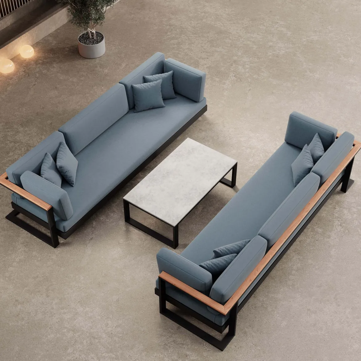 Vayla VI – 2 Dreisitzer & Tisch aus schwarzem Aluminium | Aevora™ Kollektion