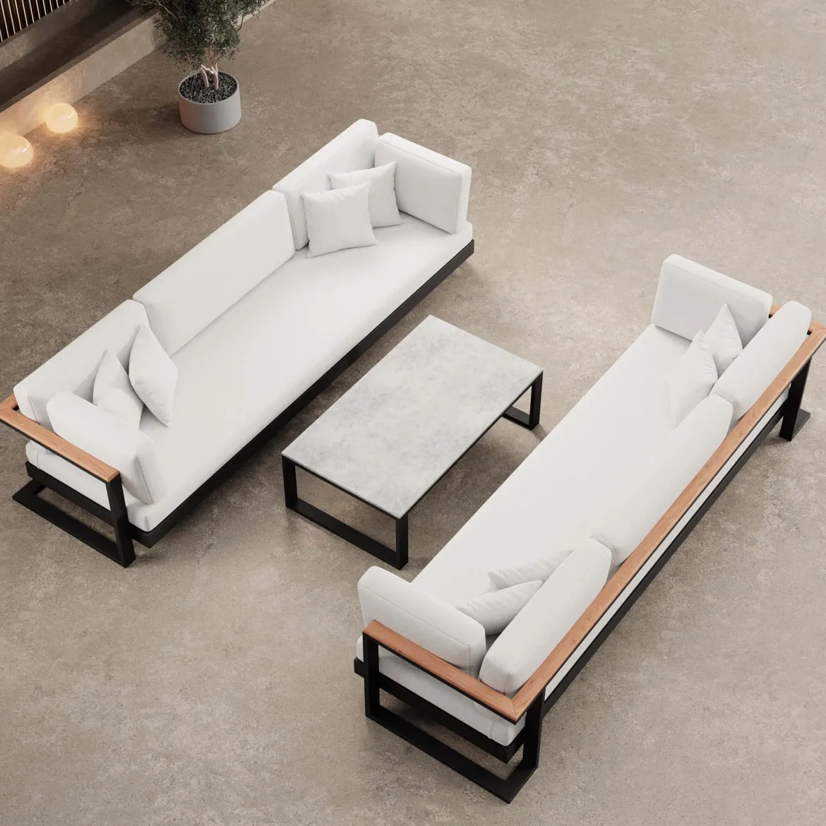 Vayla VI – 2 Dreisitzer & Tisch aus schwarzem Aluminium | Aevora™ Kollektion
