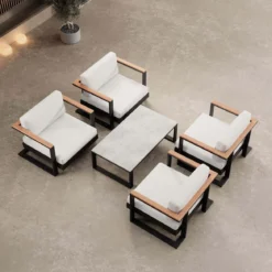 Vayla V – 4 Loungesessel & Tisch aus schwarzem Aluminium | Aevora™ Kollektion