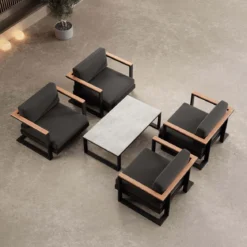 Vayla V – 4 Loungesessel & Tisch aus schwarzem Aluminium | Aevora™ Kollektion
