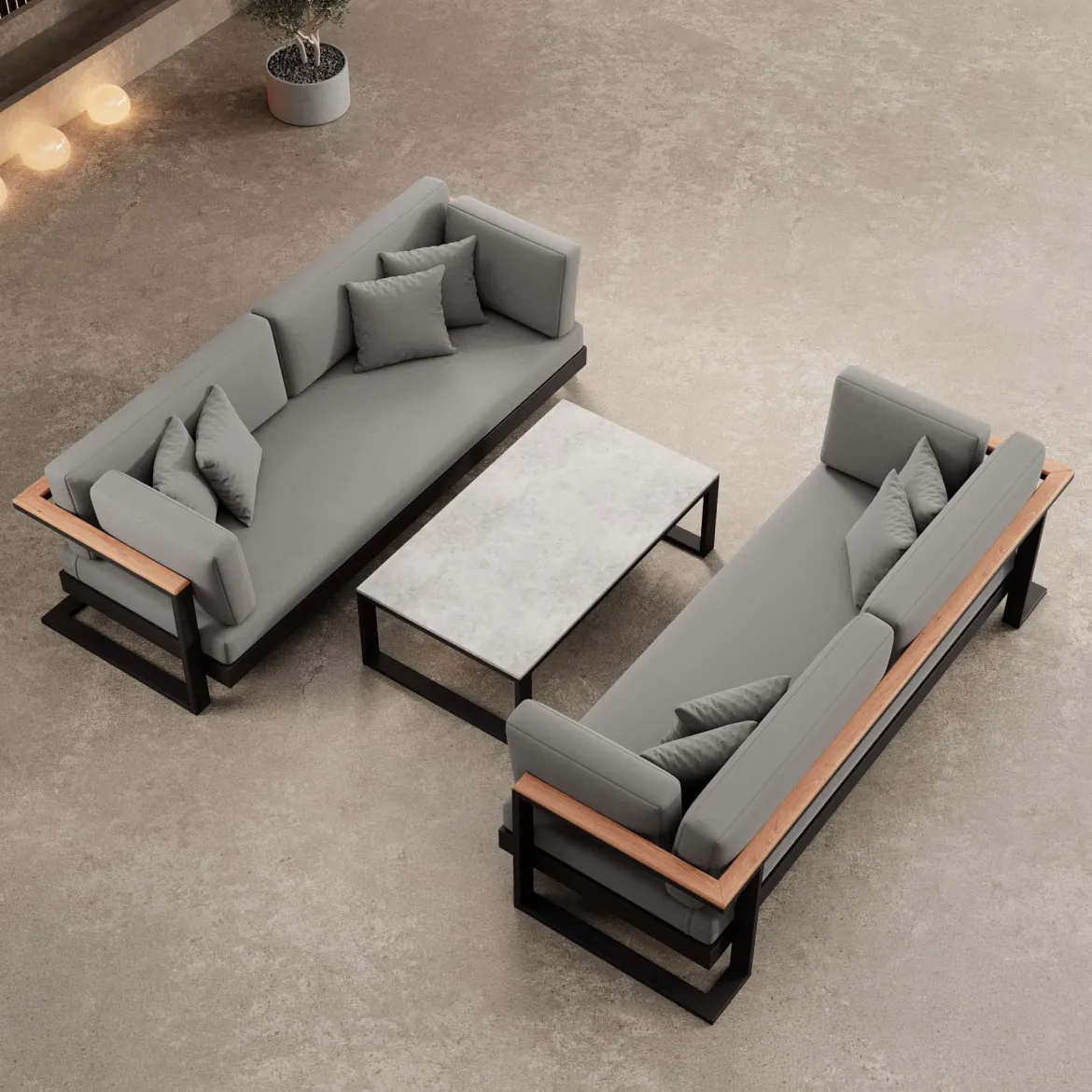 Vayla – 2 Zweisitzer & Tisch aus schwarzem Aluminium | Aevora™ Kollektion
