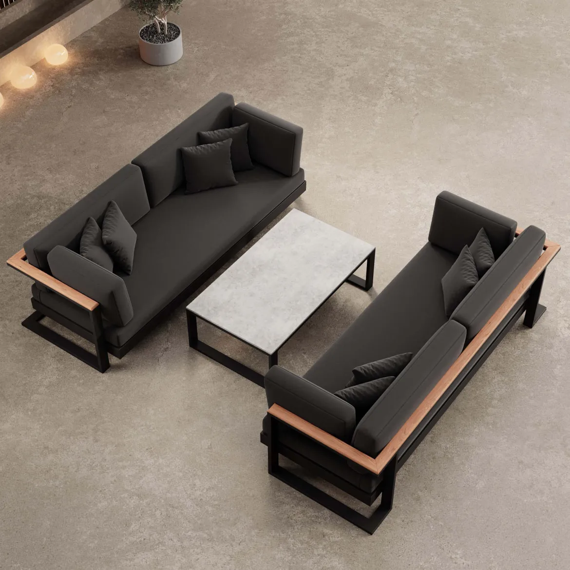 Vayla – 2 Zweisitzer & Tisch aus schwarzem Aluminium | Aevora™ Kollektion