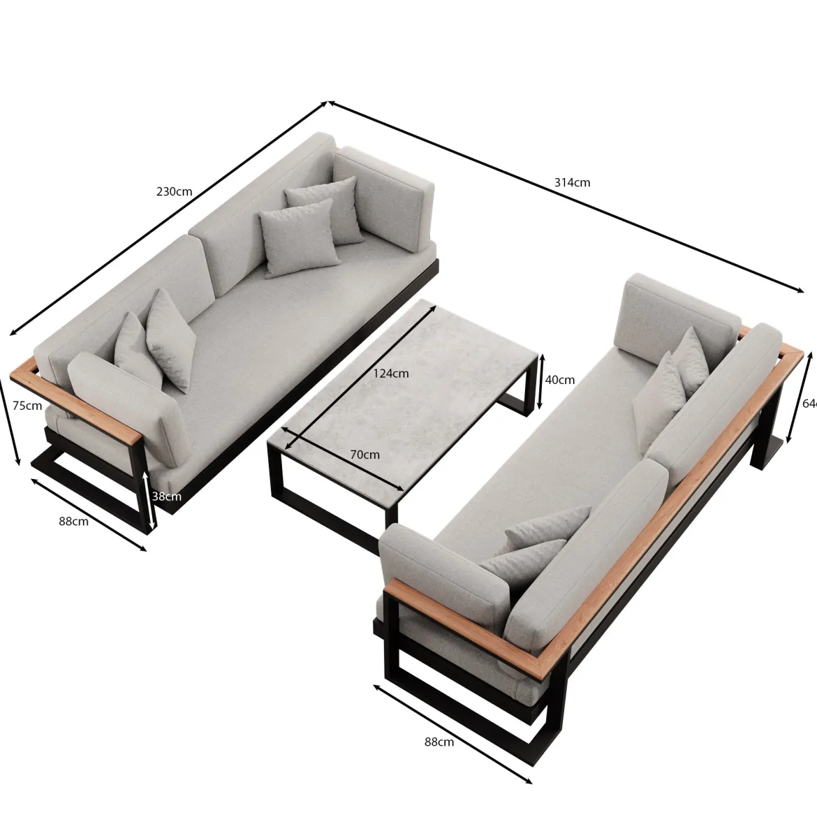 Vayla – 2 Zweisitzer & Tisch aus schwarzem Aluminium | Aevora™ Kollektion