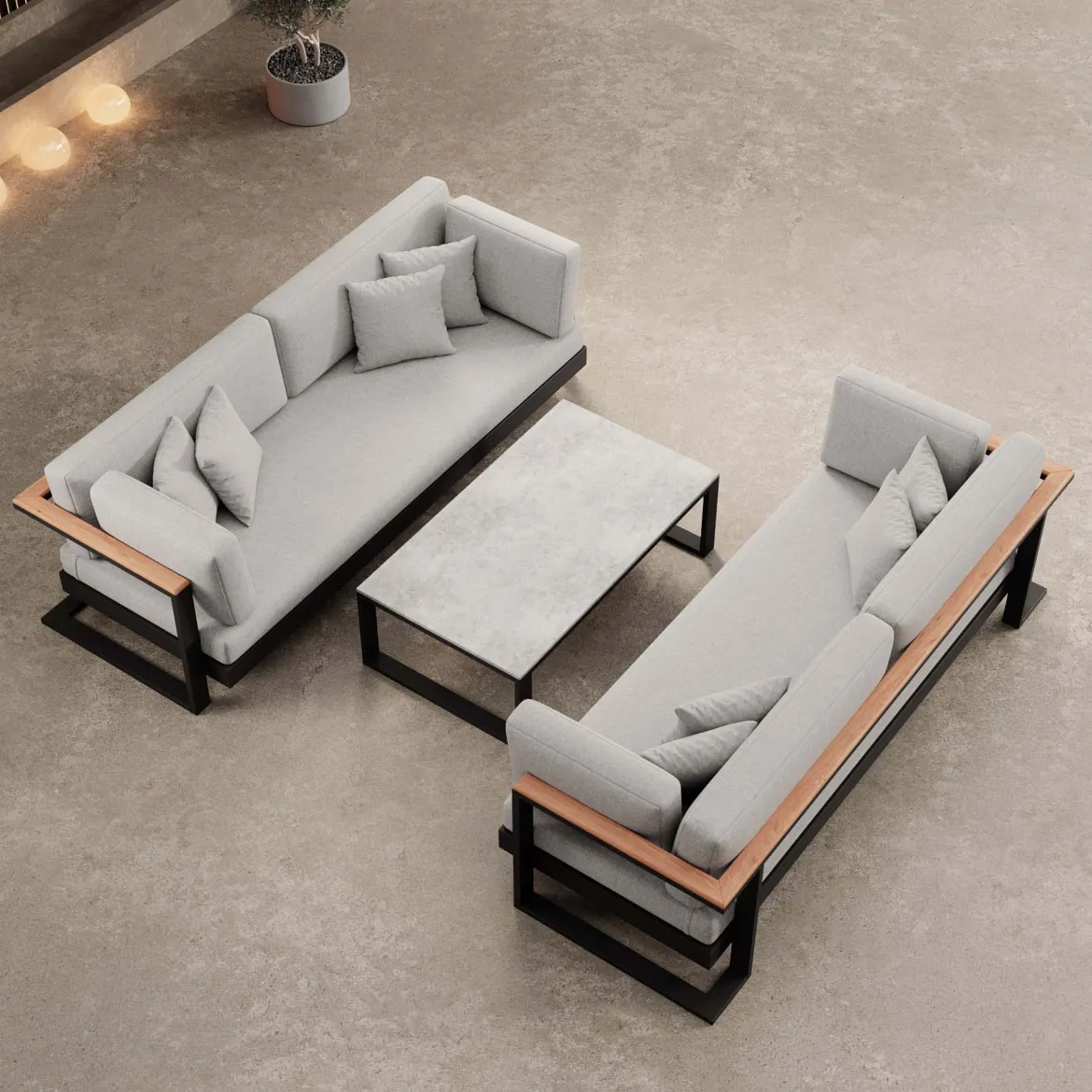 Vayla – 2 Zweisitzer & Tisch aus schwarzem Aluminium | Aevora™ Kollektion