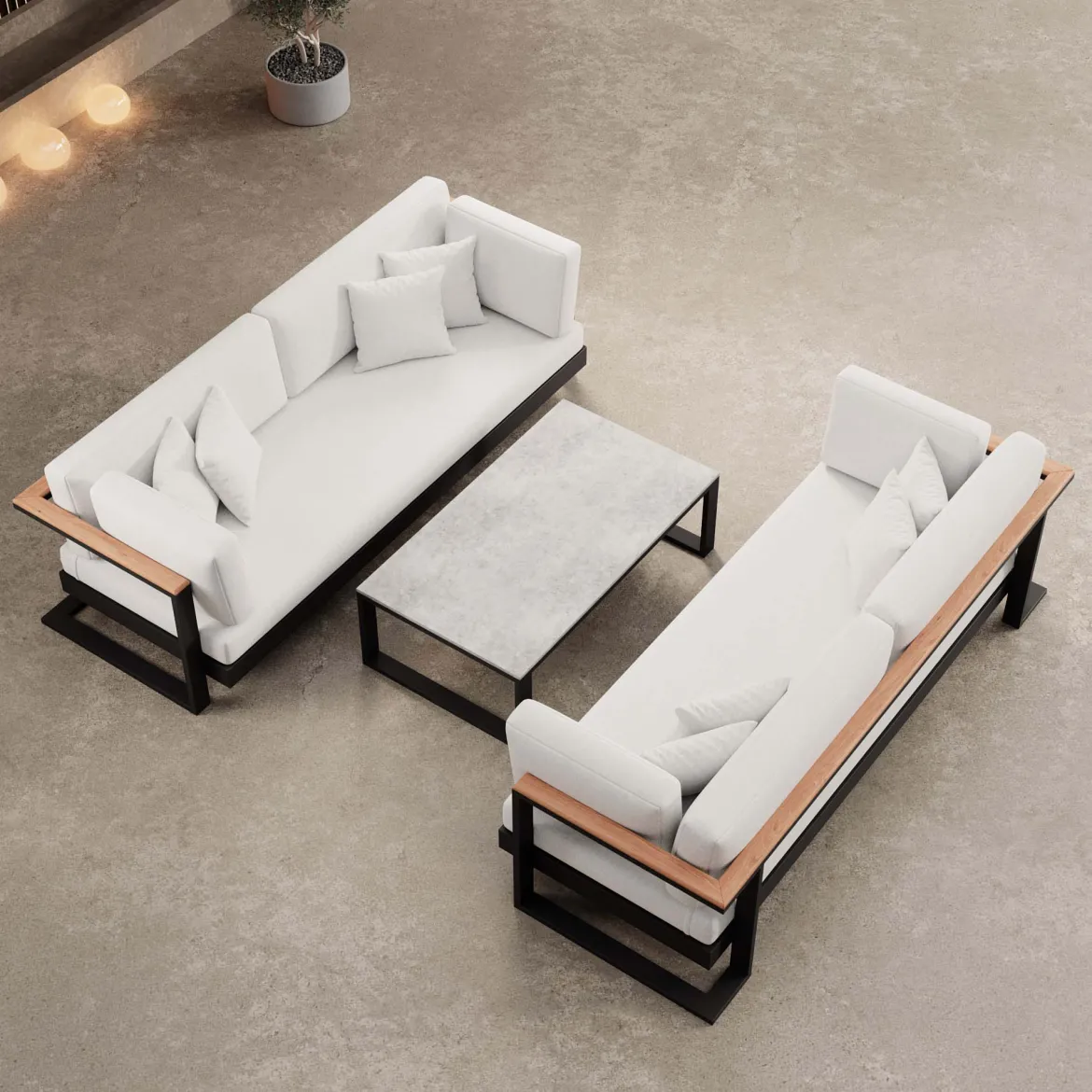 Vayla – 2 Zweisitzer & Tisch aus schwarzem Aluminium | Aevora™ Kollektion