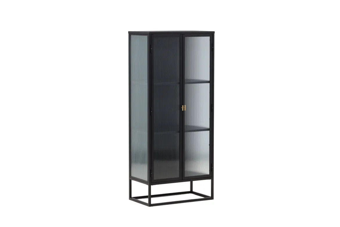 Vitrine Leonie - in Schwarz mit Wellenglas-Optik