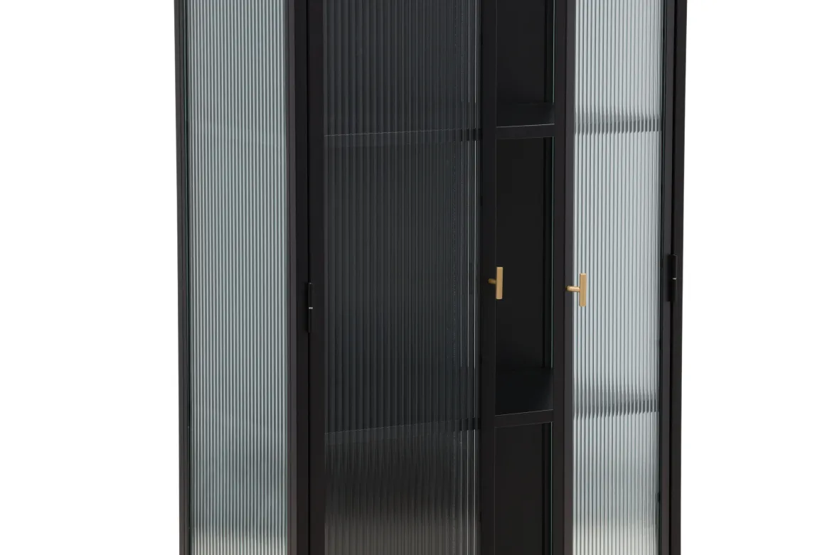 Vitrine Leonie - in Schwarz mit Wellenglas-Optik