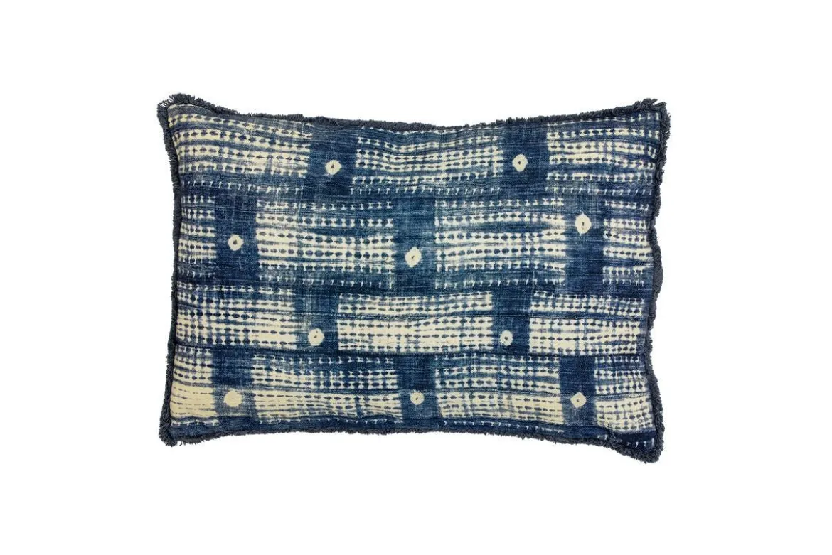 Zierkissen Elwin – Baumwollkissen in Blau mit Print & Fransen