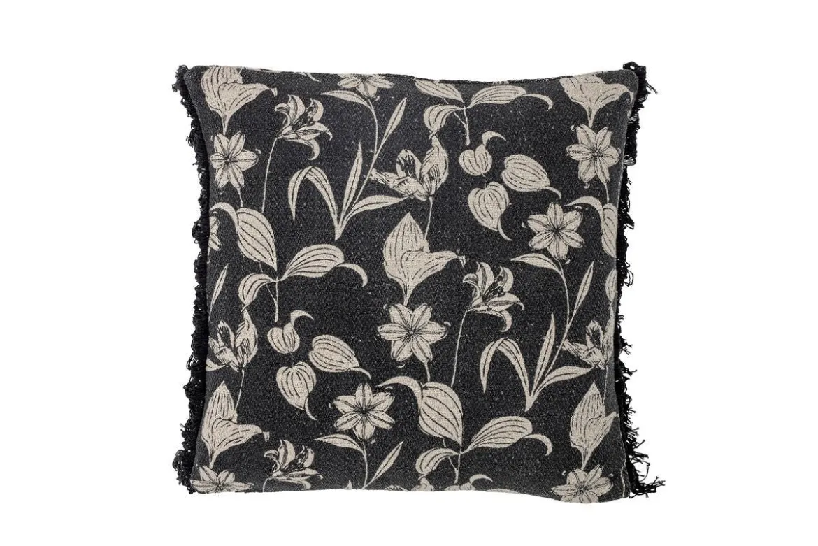 Zierkissen Mari – aus recycelter Baumwolle in Schwarz mit floralem Design